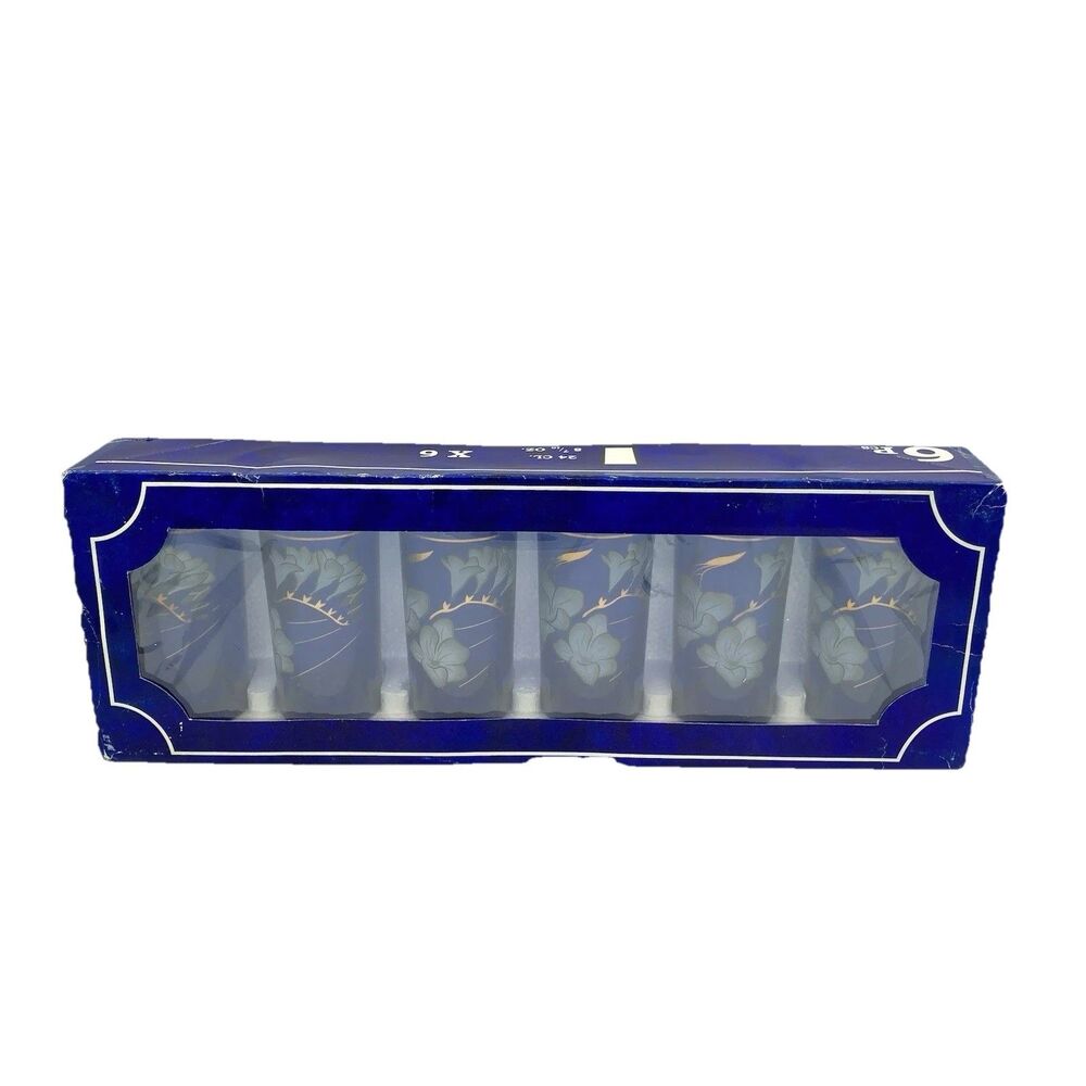 Vintage Cobalt Blue Drinking Glasses Gold Accents Set of 6 Juice Glasses NEW